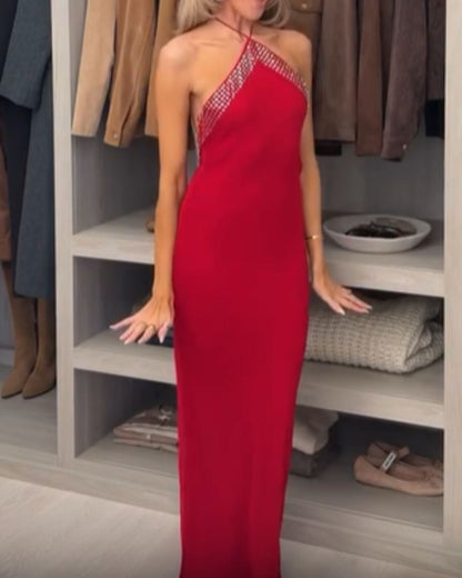 Red Rhinestone Trim Halter Neck Maxi Dress