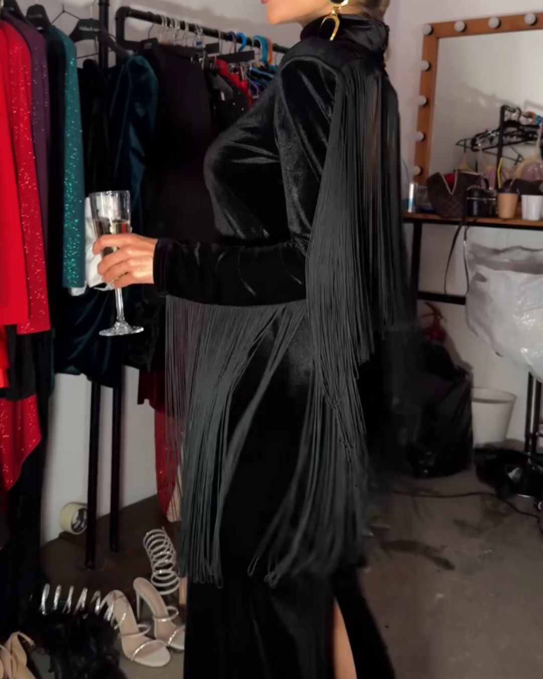 Black Velvet Backless Tassel Maxi Dress