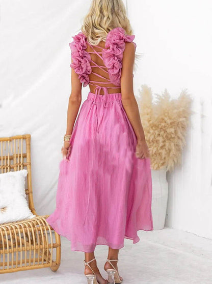 Floral Ruffle Detail Back Lace-Up Elastic Waist Maxi Dress