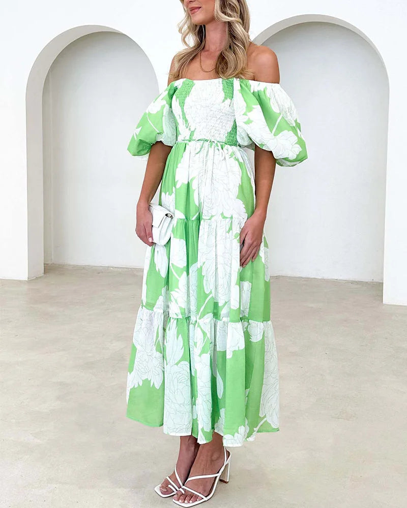 Elegant printed one-shoulder puff-sleeve dress