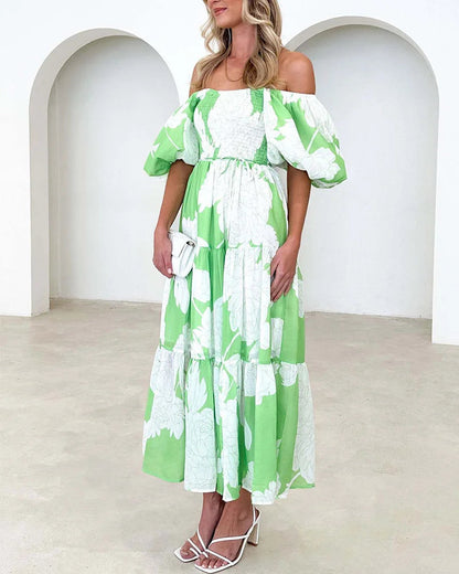 Elegant printed one-shoulder puff-sleeve dress