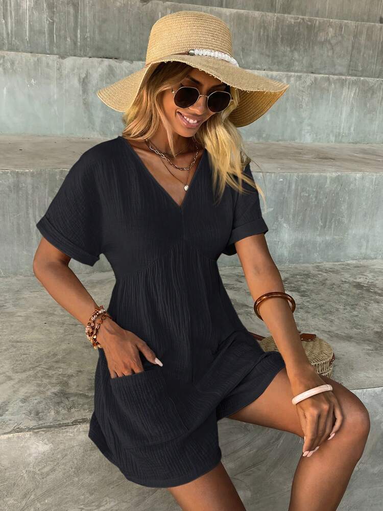 Fashion Solid Color V-neck Loose Bat Sleeve Zipper Short Sleeve Jumpsuit