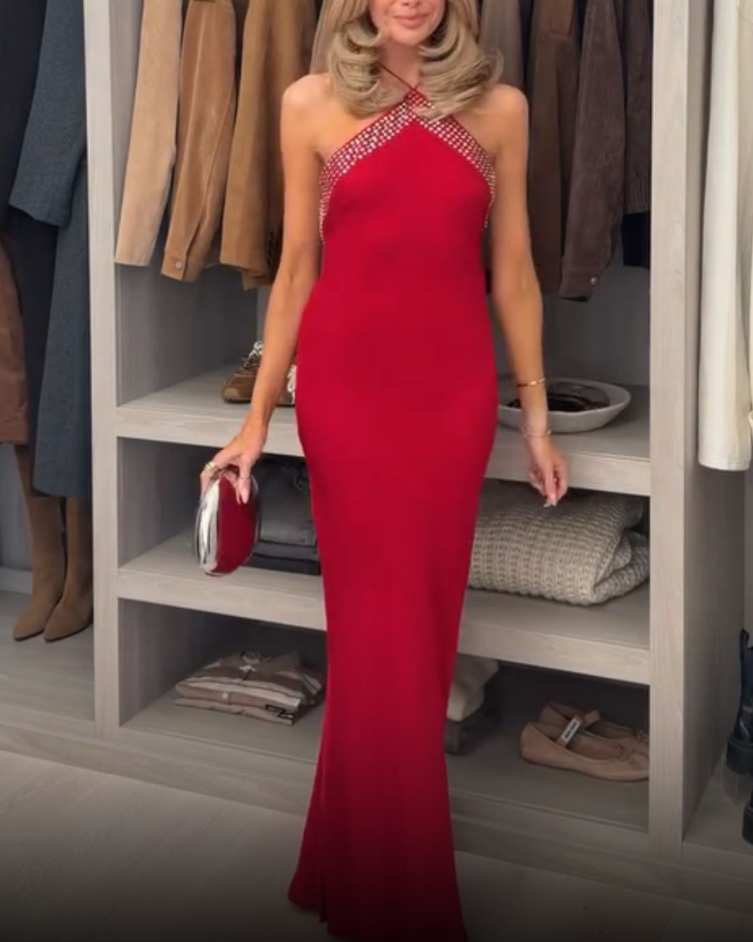 Red Rhinestone Trim Halter Neck Maxi Dress