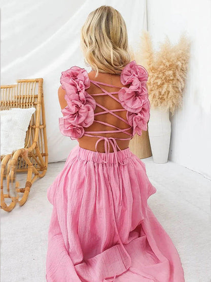 Floral Ruffle Detail Back Lace-Up Elastic Waist Maxi Dress