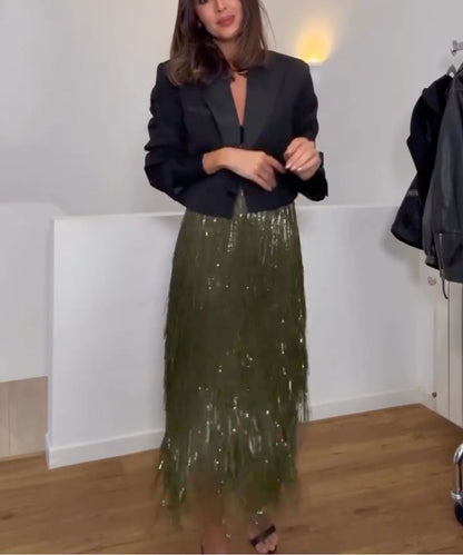 Elegant Sequined Tassel Stylish Midi Skirt