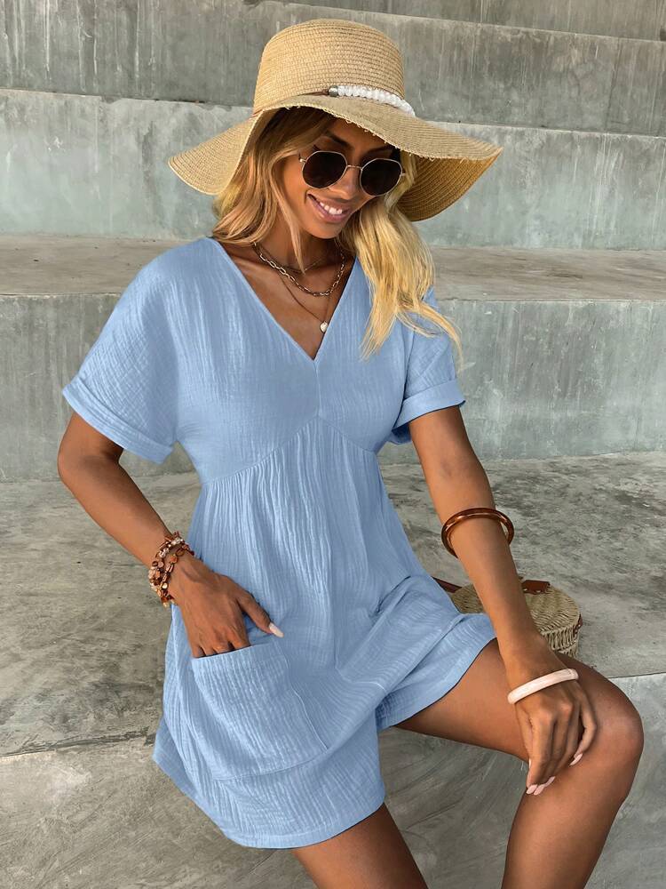 Fashion Solid Color V-neck Loose Bat Sleeve Zipper Short Sleeve Jumpsuit