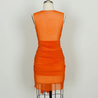 Sheer Mesh Wrap Tie Ribbon Mini Dress