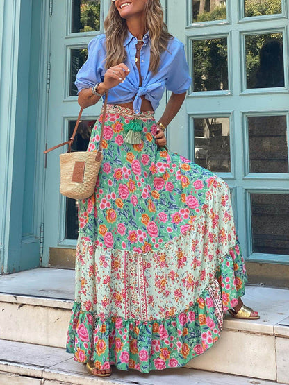 Bohemian Print Elastic Waist Tassel Maxi Skirt