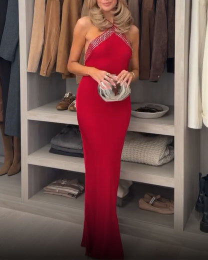 Red Rhinestone Trim Halter Neck Maxi Dress