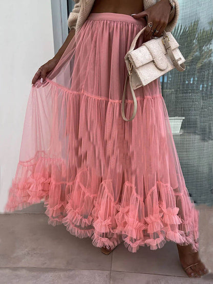 Elegant Tulle Stretch Waist Paneled Pleated Maxi Skirt