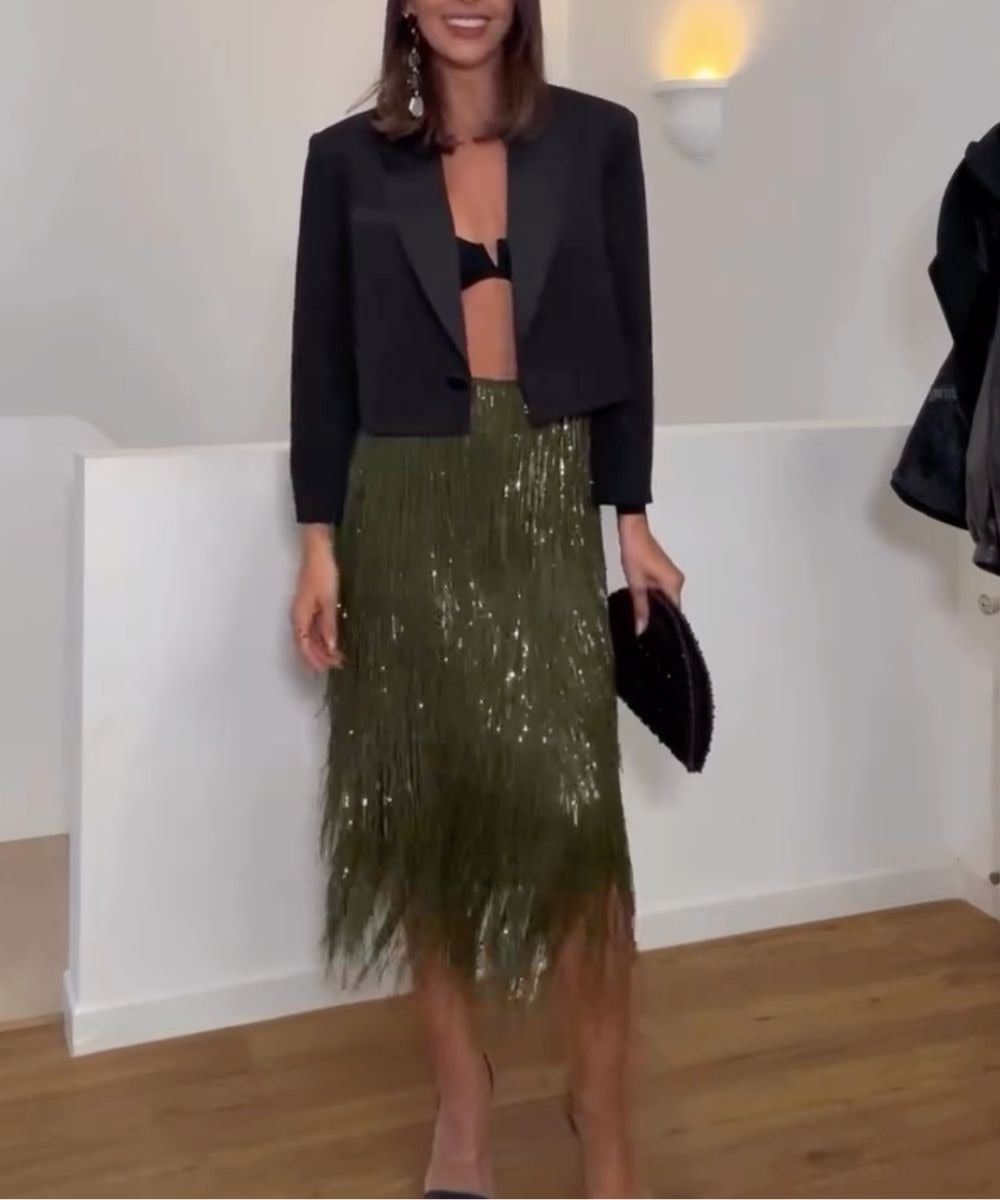 Elegant Sequined Tassel Stylish Midi Skirt