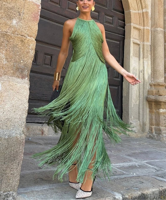 Elegant Tassel Fashion Sleeveless Halter Neck Slim Maxi Dress