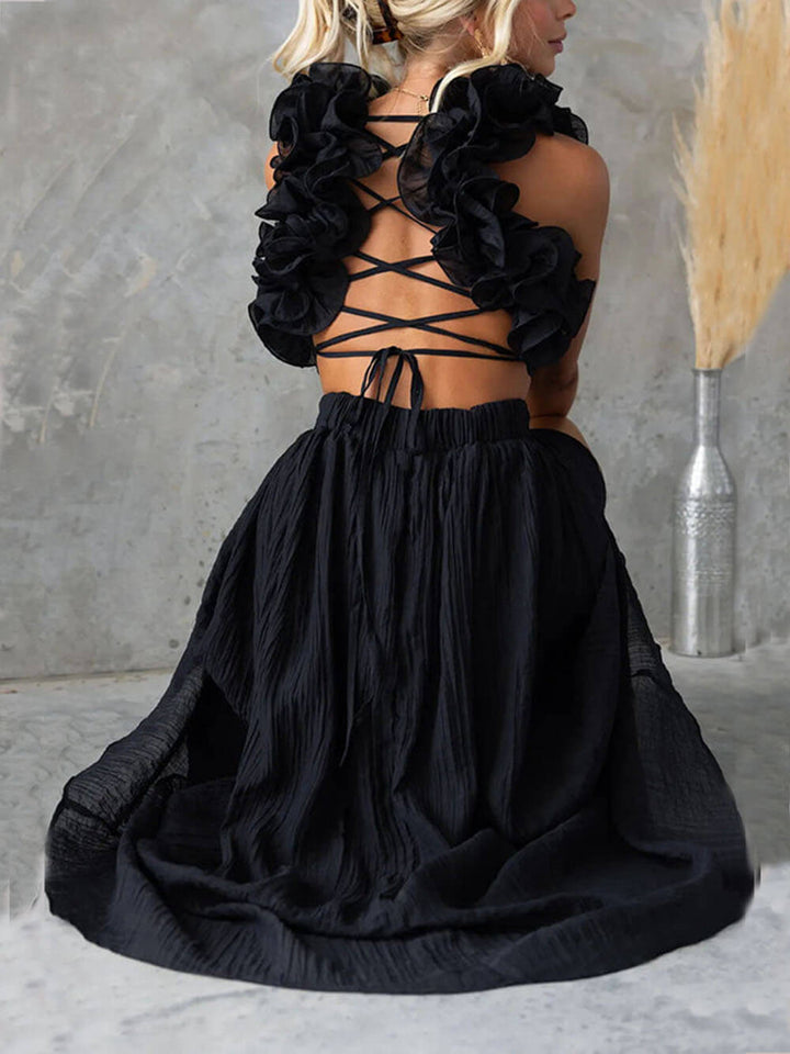 Floral Ruffle Detail Back Lace-Up Elastic Waist Maxi Dress