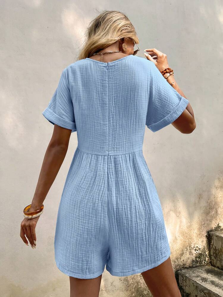 Fashion Solid Color V-neck Loose Bat Sleeve Zipper Short Sleeve Jumpsuit