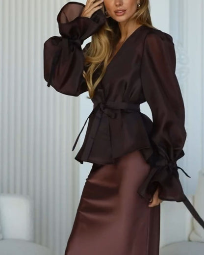 Chocolate Brown Satin & Organza Puff Sleeve Maxi Dress Set