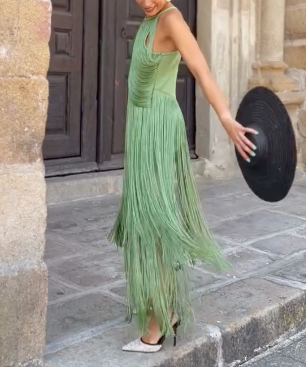 Elegant Tassel Fashion Sleeveless Halter Neck Slim Maxi Dress