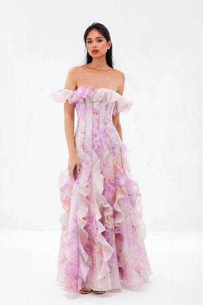 Casual Vacation-Style Strappy Floral Ruffle Maxi Dress