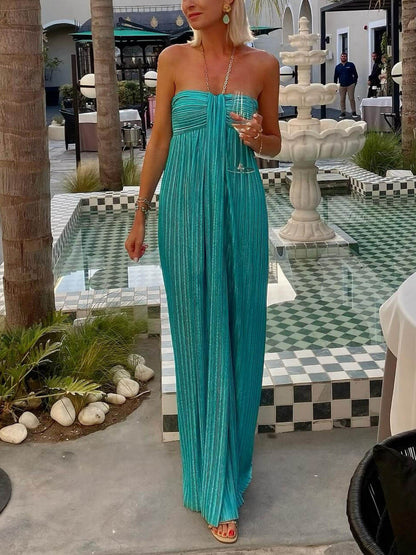 Elegant Pleated Halter Off-the-Shoulder Slit Maxi Dress