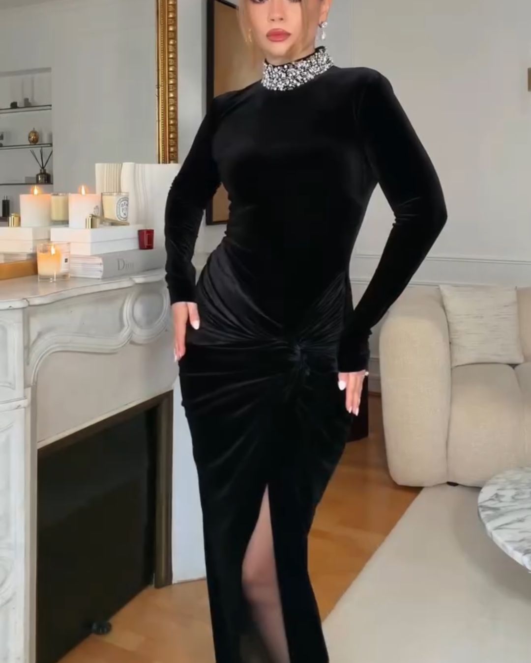 Elegant Black Velvet Rhinestone Mock Neck Ruched High Slit Maxi Dress