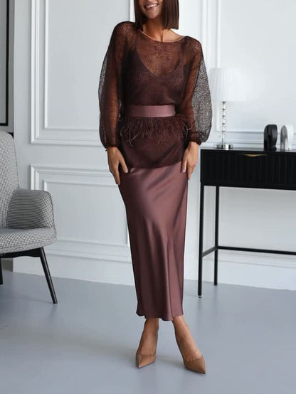 Elegant Openwork Knit Top And Satin Dress Two-piece Set