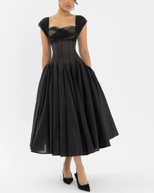 Black Vintage Corset Sheer Panel Full Midi Dress