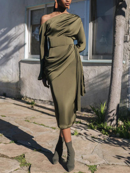 Elegant One-Shoulder Ruched Satin Long-Sleeve Blouse