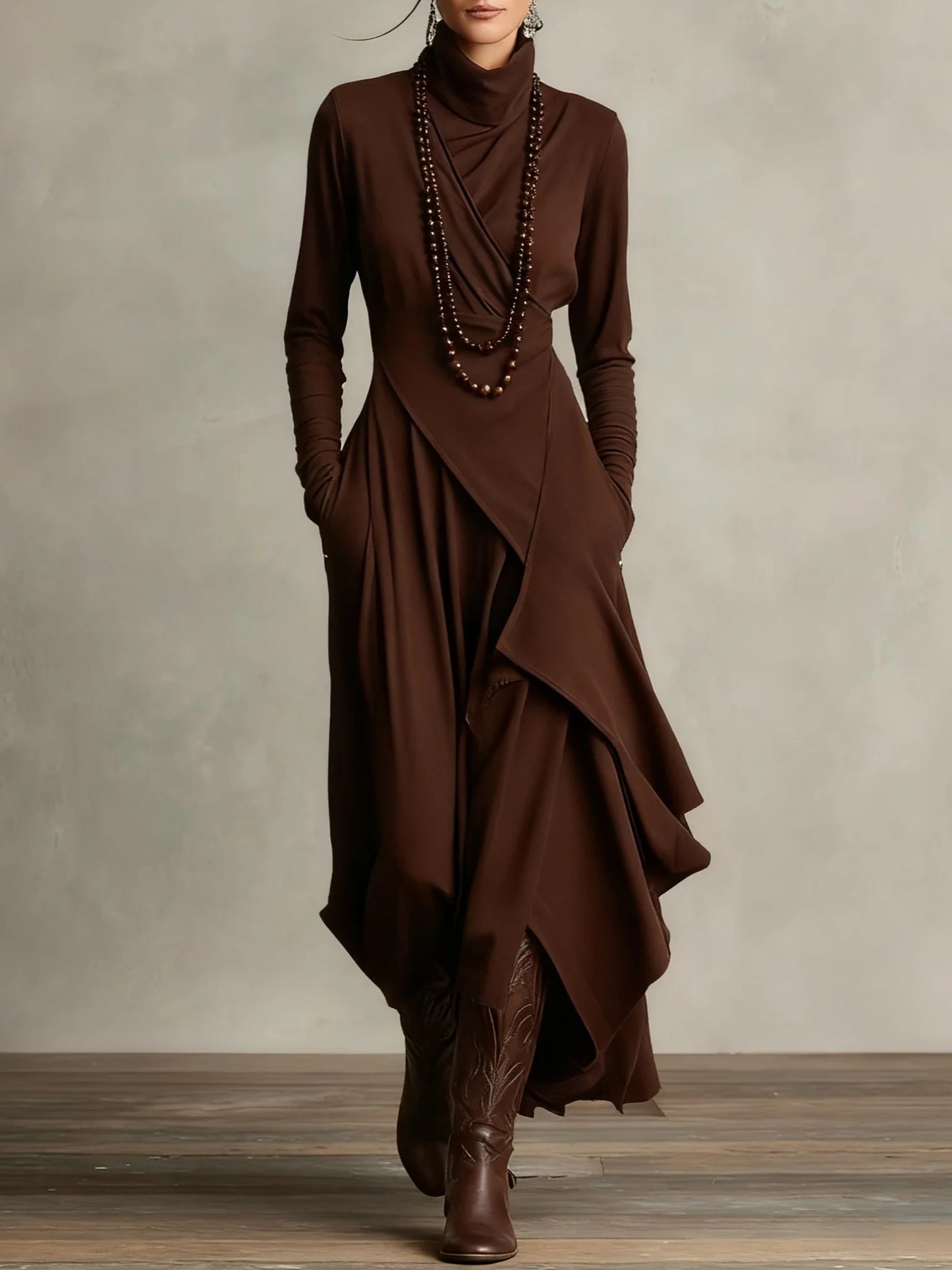 Elegant High-Neck Draped Asymmetrical Maxi Dress