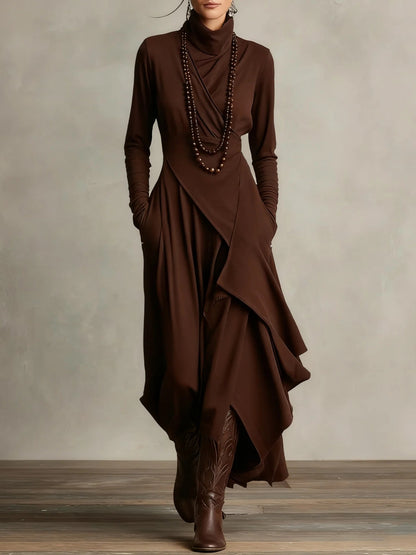 Elegant High-Neck Draped Asymmetrical Maxi Dress