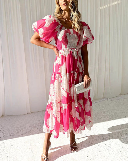 Elegant printed one-shoulder puff-sleeve dress