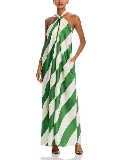 Exquisite Striped Print Halter Neck Backless Maxi Dress