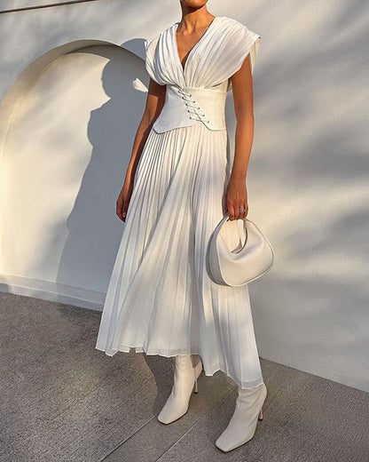 Fashion Solid Color V-neck Crimp Waist Dress