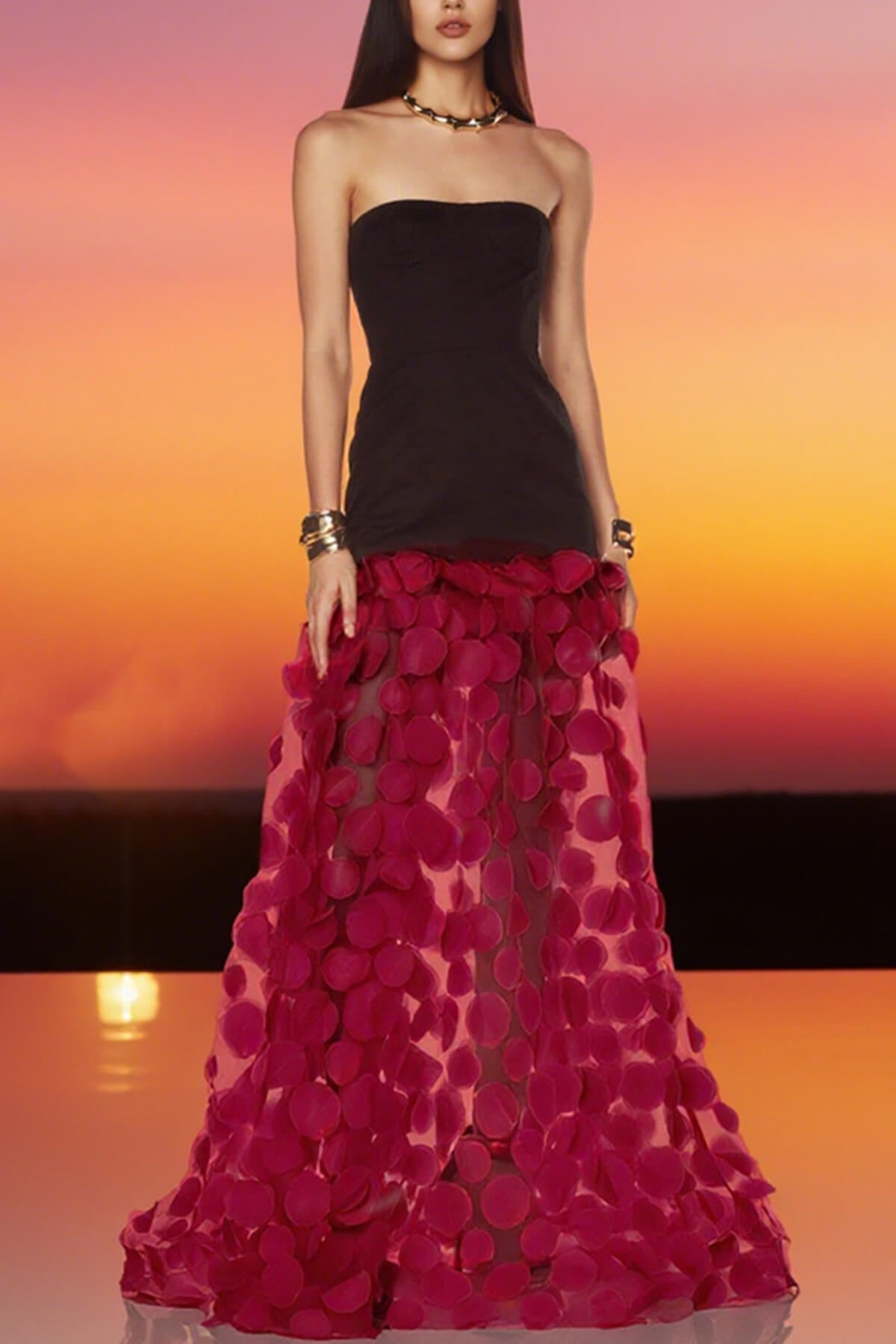 Elegant Strapless Top with Patchwork Polka Dot Mesh Maxi Dress