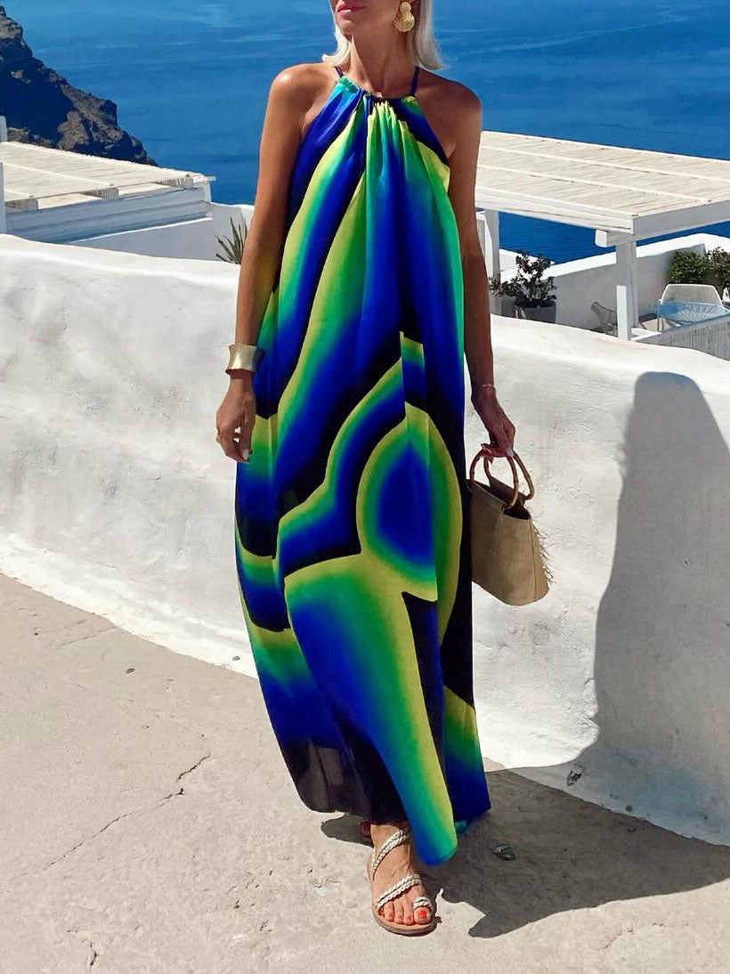 Unique Abstract Swirl Print Halterneck Maxi Dress