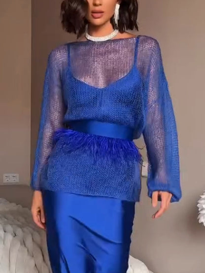 Elegant Thin Feather Trim Belted Sweater