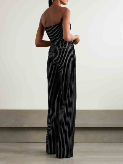 Elegant Silver Striped Print Off-the-shoulder Jumpsuit