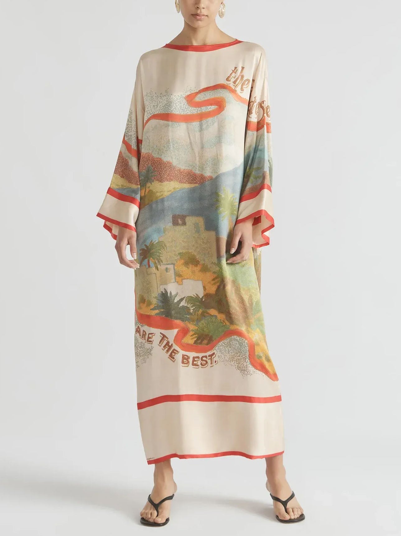 Elegant Scenic Print Kimono-Style Belted Maxi Dress
