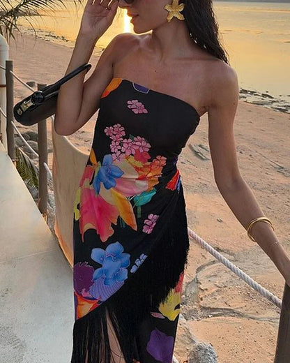 Elegant Vacation Print Fringe Dress