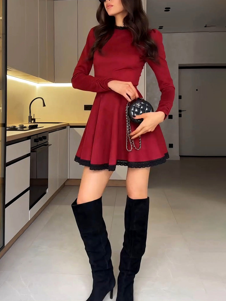 Elegant Lace-trimmed Suede Mini Dress