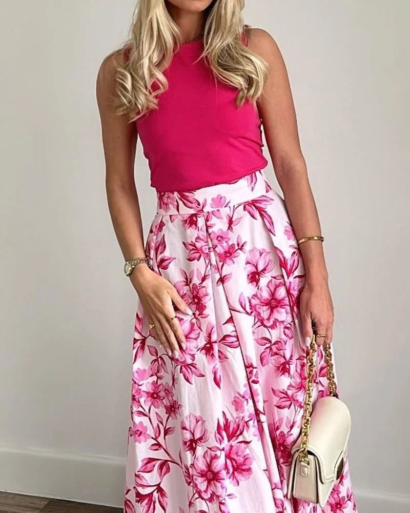 Elegant Tank Top & Printed Skirt Two-Piece Set
