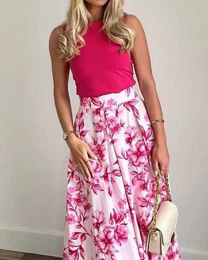 Elegant Tank Top & Printed Skirt Two-Piece Set