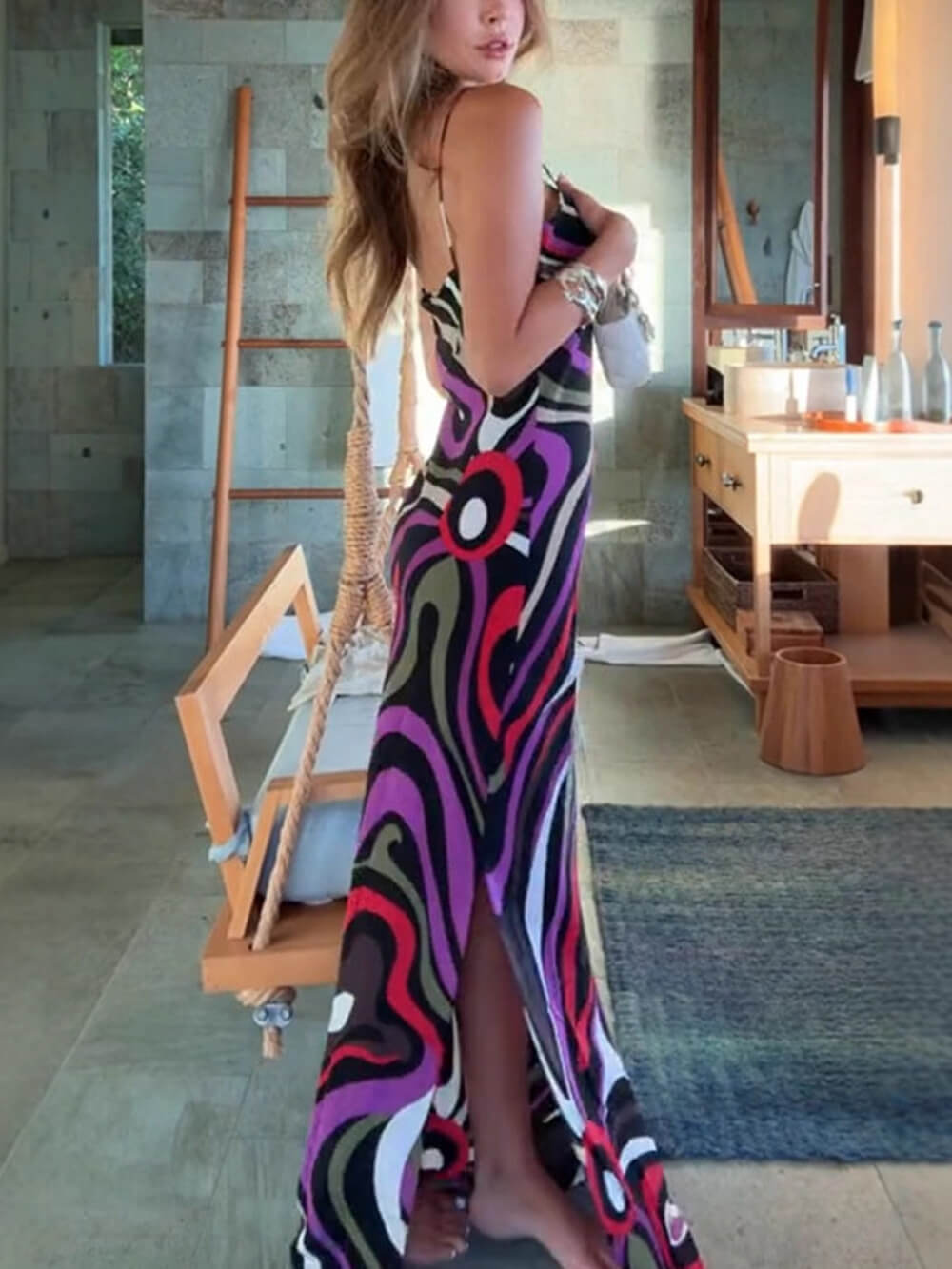Retro Printed Satin Backless Maxi Dress