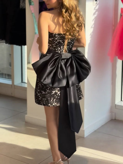 Elegant Strapless Lace Bow Mini Dress