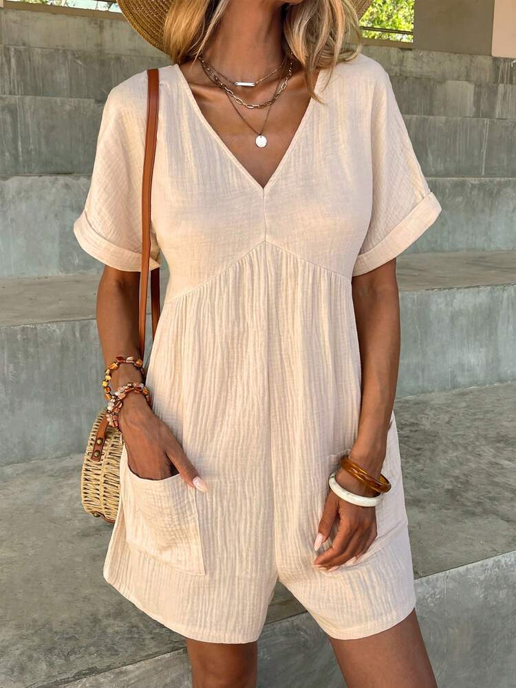 Fashion Solid Color V-neck Loose Bat Sleeve Zipper Short Sleeve Jumpsuit