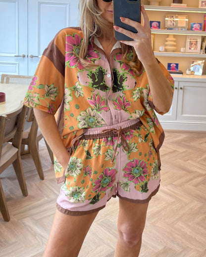 Floral Print Short Set Pink Two-piece Suit