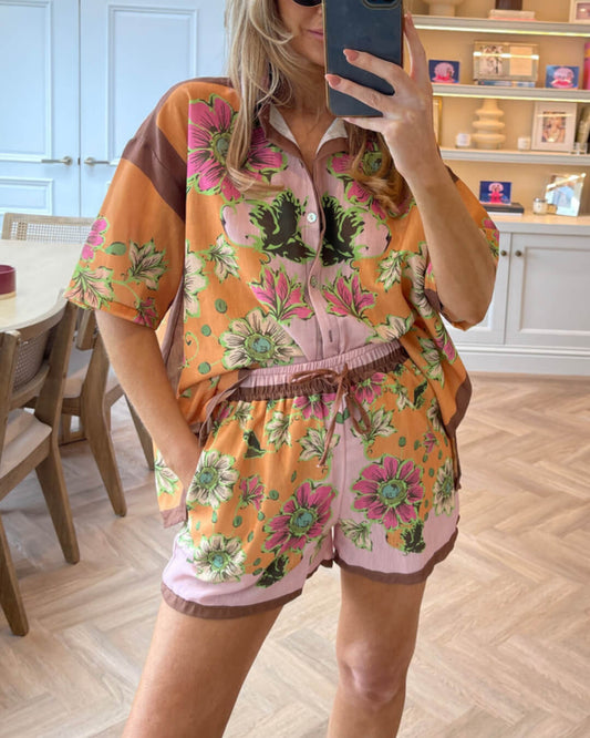 Floral Print Short Set Pink Two-piece Suit