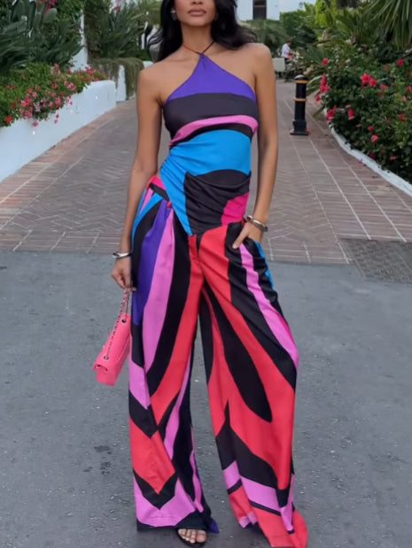 Vibrant Geometric Colorblock Backless Two-piece Suit