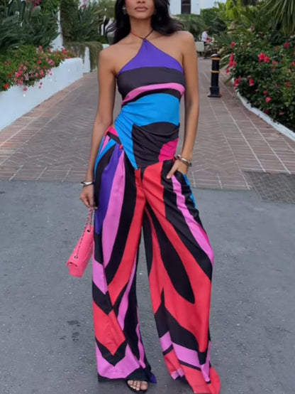 Vibrant Geometric Colorblock Backless Two-piece Suit