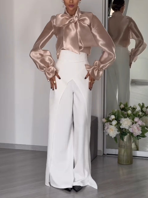 Elegant Tie-waist Sheer Shirt And Pants Two-piece Set