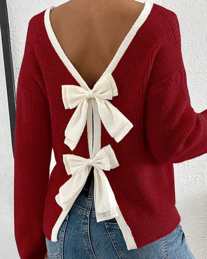 Backless Contrast Knit Top Featuring Bow Tie Detail Set