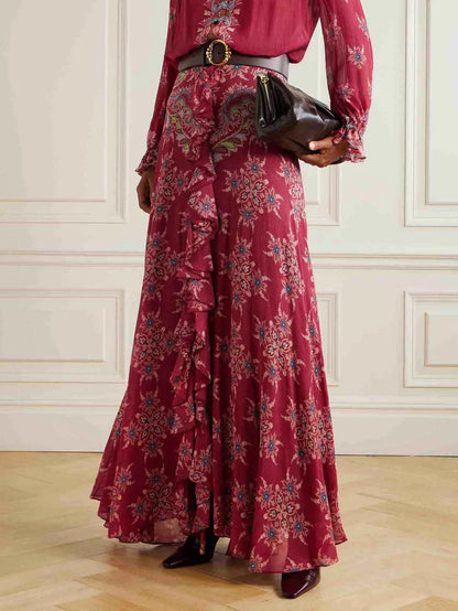 Exquisite Bohemian Ruffled Printed Chiffon Shirt